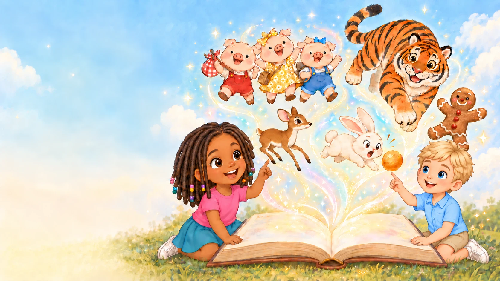 Two children open a big picture book, and fairy-tale characters such as the three little pigs, a tiger, a rabbit and the Gingerbread Man leap out of it